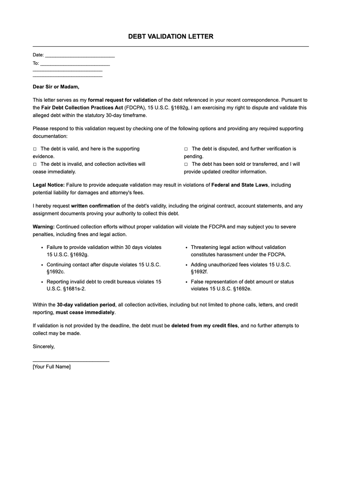 Debt validation letter template with Fair Debt Collection Practices Act reference and 30 day_variant_1